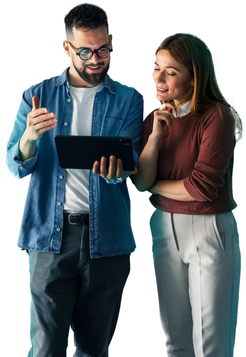 Two people reviewing content on a tablet device